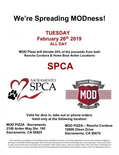 Flyer for SPCA Mod Pizza Fundraiser. Present to participate