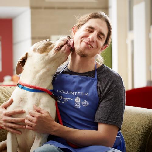 Dog licking a volunteer